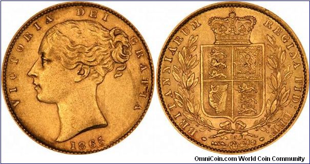 Die number 13 on reverse of 1865 shield sovereign. Collecting die numbers, and noting rarities could be great fun, but would probably take a lifetime.