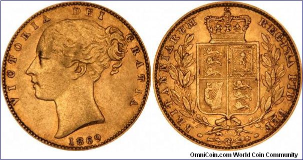 The die number, 36, appear slightly weak on this 1869 Victoria shield sovereign.