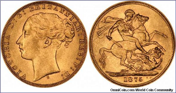 'S' for Sydney below head on this 1875 Victoria young head, st. George and dragon reverse sovereign.