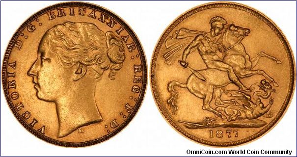 'M' for Melbourne Mint on obverse of this 1877 sovereign, St. George and dragon reverse.