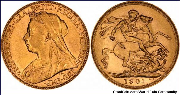 Melbourne Mint 1901 sovereign, last date of Victoria old head design.