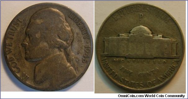 From mid 1942 to 1945, so-called Wartime composition nickels were created. These coins are 56% copper, 35% silver and 9% manganese. The wartime nickel features the largest mint mark ever to grace a United States coin, located above Monticello's dome on the reverse. This mark was a large D or S if appropriate for those mints, but nickels of this series minted in Philadelphia have the unique distinction of being the only U.S. coins minted prior to 1979 to bear a P mint mark.
