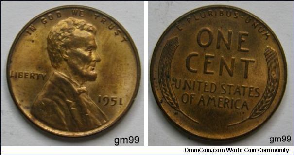 1951 Wheat Penny
Obverse; IN GOD WE TRUST, Lincoln head right, Liberty left, date right. Reverse: E PLURIBUS UNUM, ONE CENT,WHEAT ON EACH SIDE OF THE UNITED STATES OF AMERICA. Copper-Zinc.