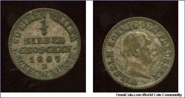 Prussia
1867B
1/2 Silver Grochen
Value & date
King William I
Mint Mrk B = Hannover
Thanks to Christian for the Info :-))