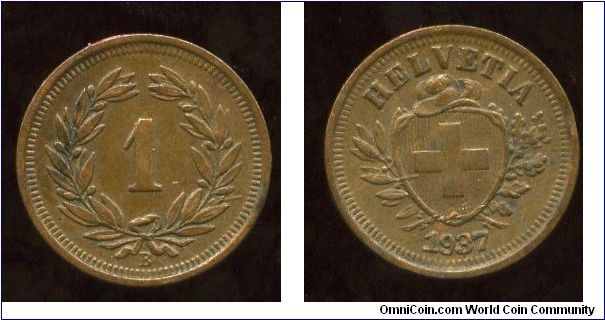1937B
1 Centime (Rappen)
Value in wreath
Mint mrk B = Bern