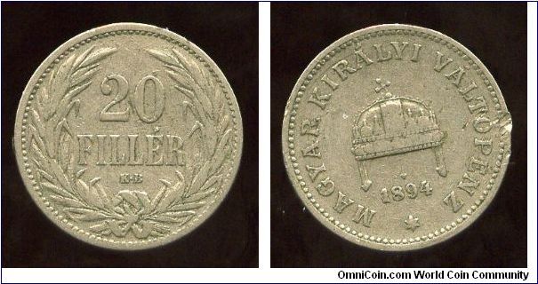 1894K-B
20 Filler
Value in wreath
Crown above date
Mint mrk K-B = Kremnitz