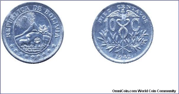 Bolivia, 10 centavos, 1942, Zn.                                                                                                                                                                                                                                                                                                                                                                                                                                                                                     