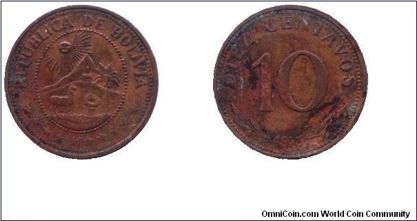 Bolivia, 10 centavos, 1973, Cu-Steel.                                                                                                                                                                                                                                                                                                                                                                                                                                                                               