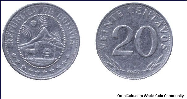 Bolivia, 20 centavos, 1997, Ni-Steel.                                                                                                                                                                                                                                                                                                                                                                                                                                                                               