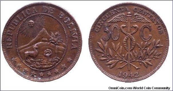Bolivia, 50 centavos, 1942, Bronze.                                                                                                                                                                                                                                                                                                                                                                                                                                                                                 
