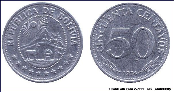 Bolivia, 50 centavos, 1974, Ni-Steel.                                                                                                                                                                                                                                                                                                                                                                                                                                                                               