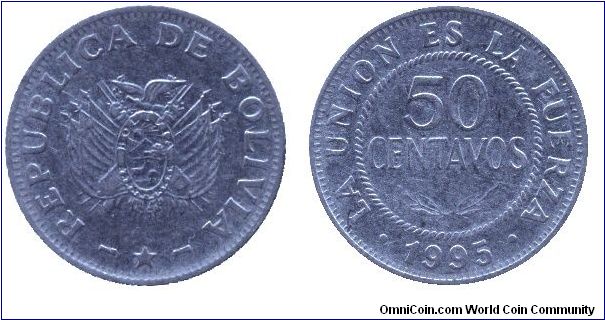 Bolivia, 50 centavos, 1995, Steel.                                                                                                                                                                                                                                                                                                                                                                                                                                                                                  