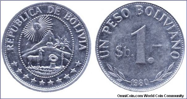 Bolivia, 1 peso boliviano, 1980, Ni-Steel.                                                                                                                                                                                                                                                                                                                                                                                                                                                                          