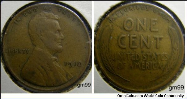 1910 Wheat Penny
Obverse; IN GOD WE TRUST, Lincoln head right, Liberty left, date right. Reverse: E PLURIBUS UNUM, ONE CENT,WHEAT ON EACH SIDE OF THE UNITED STATES OF AMERICA.