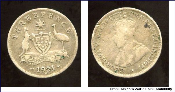 1921M
3d 
Coat of arms
King George V 
Mint mark M = Melbourne