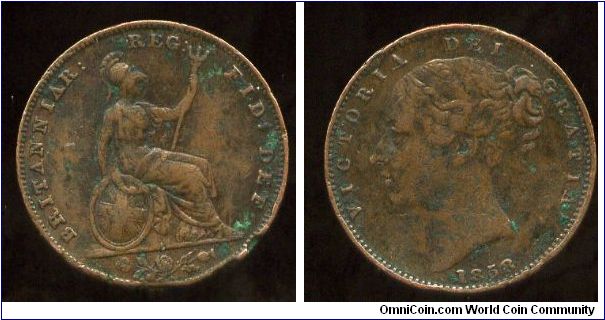 1858
1/4d Farthing
Seated Britannia
shamrock/rose/thistle in ex
Queen Victoria 1837-1901

Couple of rim dings but in super condition