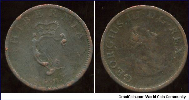 Hibernia
1805
1/2d Halfpenny
Crown on Harp
King George III