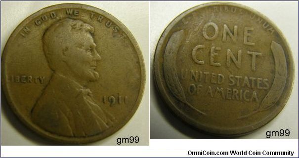 Bronze
1911 Wheat Penny
Composition: .950 Copper, .05 Tin and Zinc 
Diameter: 19 mm 
Weight: 3.11 grams 
Edge: Plain