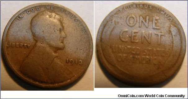Bronze
1913 Wheat Penny
Composition: .950 Copper, .05 Tin and Zinc 
Diameter: 19 mm 
Weight: 3.11 grams 
Edge: Plain