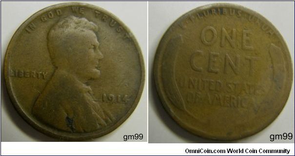 Bronze
1914 Wheat Penny
Composition: .950 Copper, .05 Tin and Zinc 
Diameter: 19 mm 
Weight: 3.11 grams 
Edge: Plain