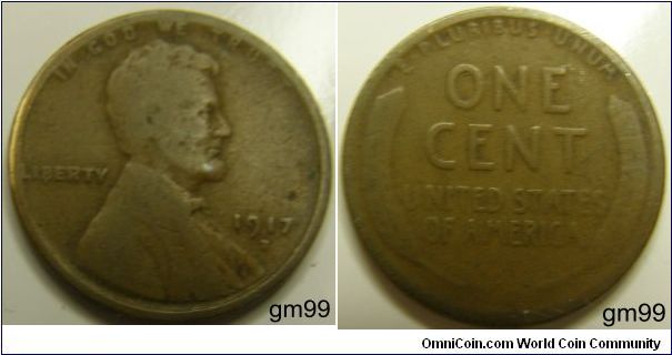 Bronze
1917D Wheat Penny
Composition: .950 Copper, .05 Tin and Zinc 
Diameter: 19 mm 
Weight: 3.11 grams 
Edge: Plain