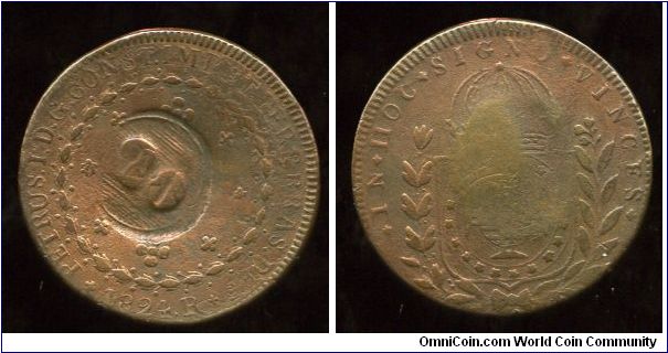 1824R
40 on 20 Reis
Value in wreath
Crown above Globe
John VI 1816-1826
Mint Mrk R = Rio De Janero