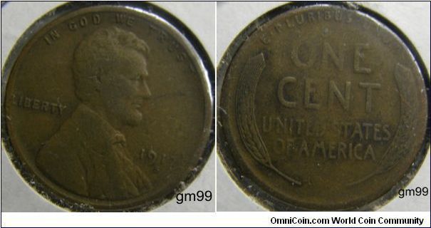 LINCOLN CENTS, WHEAT EAR REVERSE (1909-1958)
1917S-Mintmark: S (for San Francisco, CA) below the date.Mintage:
Circulation strikes: 32,620,000 
Proofs: 0