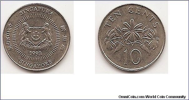 10 Cents
KM#100
2.8500 g., Copper-Nickel, 19.4 mm. Obv: National arms Rev:
Star Jasmine plant Edge: Reeded Note: Similar to KM#51 but
motto ribbon on arms curves down at center.