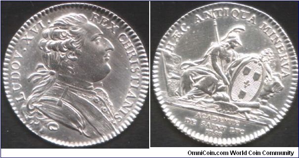 Silver jeton issued for the Academie de St Luc which was set up as a school for the guild of painters and sculptors in 1705. This one has a reverse die dated 1758, however the obverse die bears a bust of Louis XVI used circa 1784-88.