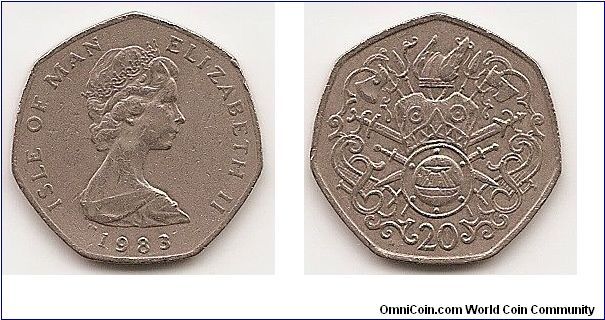 20 Pence
KM#90
5.0000 g., Copper-Nickel, 21.4 mm. Ruler: Elizabeth II Subject:
Medieval Norse History Obv: Young bust right Rev: Ship within
small circle within artistic design with viking helmet above