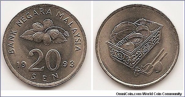 20 Sen
KM#52
5.6900 g., Copper-Nickel, 23.5 mm. Obv: Value divides date
below flower blossom Obv. Leg.: BANK NAGARA MALAYSIA
Rev: Basket with food and utensils