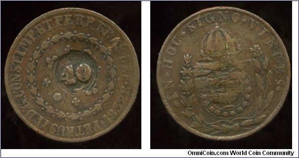 1832R
40 on 80 Reis
Value in wreath
Crown above Globe
Mint Mrk R = Rio De Janero