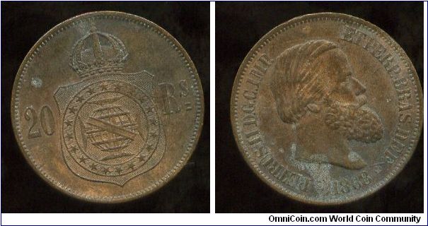 1868
20 Reis
Crown above Globe
Pedro II