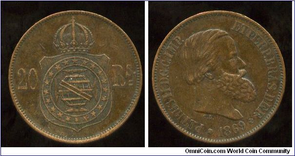 1869
20 Reis
Crown above Globe
Pedro II