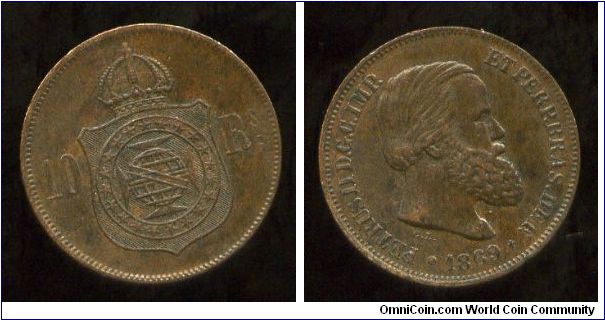 1869
10 Reis
Crown above Globe
Pedro II