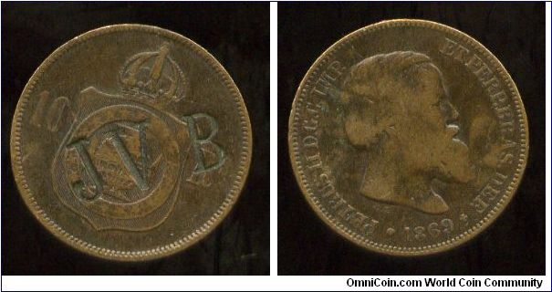1869
10 Reis 
Crown above Globe, Over Stamped JVB
Pedro II
