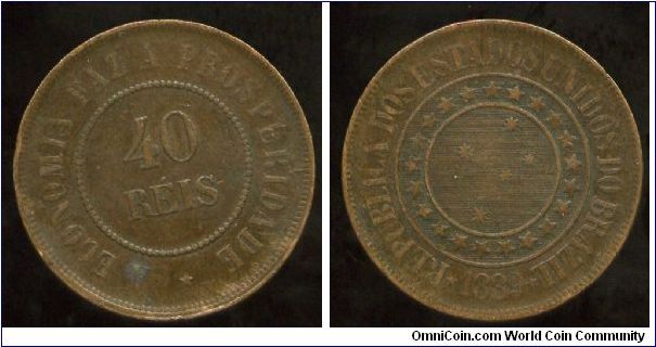 1889
40 Reis
Republic Issue
Value in beaded circle
Date & circle of stars with 5 stars in center