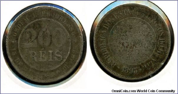 1895
200 Reis
Value
Date & circle of stars with 5 stars in center (Center worn)