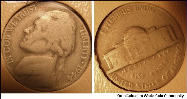 1944 'Henning' Counterfeit Nickel
Off Metal (War nickels are made of a silver alloy) No mintmark is what gave Mr. Henning away - and put him away for years. Why anyone would counterfeit nickels is beyond me!

This is the typical condition for these.

B2G5H1