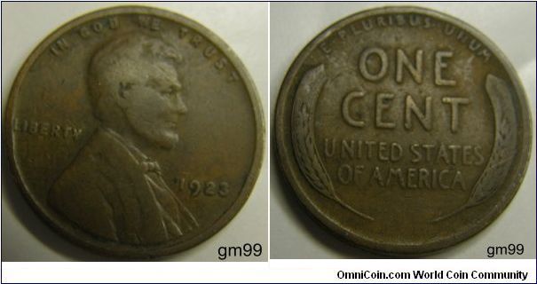 Bronze
1923 Wheat Penny
Composition: .950 Copper, .05 Tin and Zinc 
Diameter: 19 mm 
Weight: 3.11 grams 
Edge: Plain