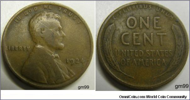 Bronze
1924 Wheat Penny
Composition: .950 Copper, .05 Tin and Zinc 
Diameter: 19 mm 
Weight: 3.11 grams 
Edge: Plain