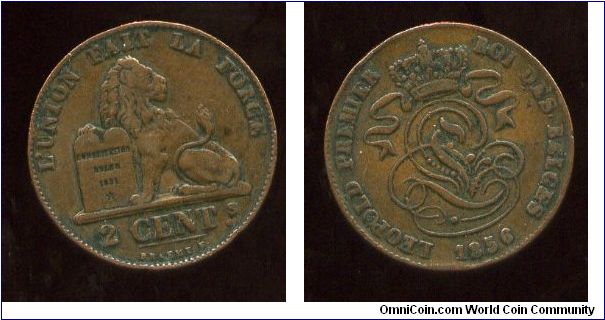 1856 (French inscription)
2 Cents
Lion with paw on constitution
Crown above royal Cypher