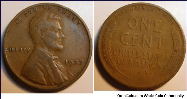 Bronze
1937 Wheat Penny
Composition: .950 Copper, .05 Tin and Zinc 
Diameter: 19 mm 
Weight: 3.11 grams 
Edge: Plain