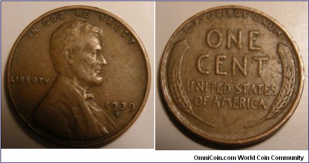 Bronze
1939S Wheat Penny
Composition: .950 Copper, .05 Tin and Zinc 
Diameter: 19 mm 
Weight: 3.11 grams 
Edge: Plain
