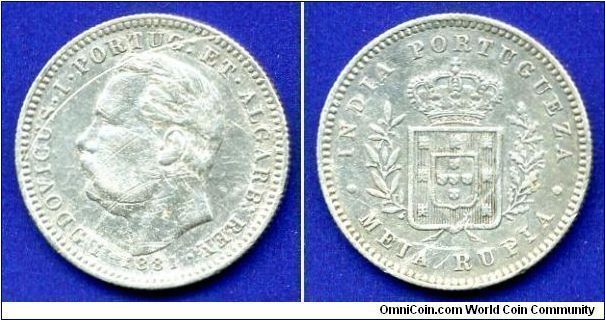 1/2 Rupia.
*INDIA PORTUGUEZA*.
Ludovicus I (1838-1889).
Mintage 357,000 units.


Ag917f. 5,83gr.