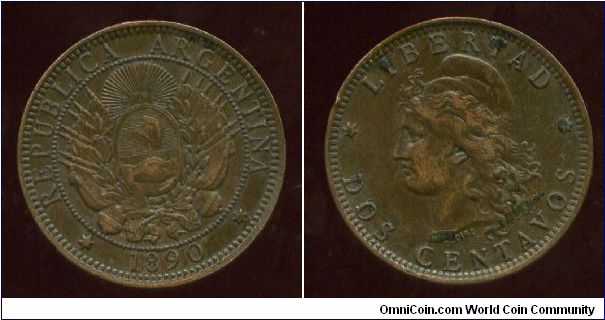 1890
2 Centavos
Coat of arms & date
Head of Liberty