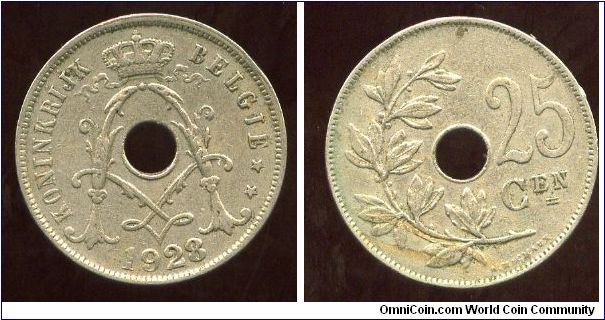 1928 (French inscription)
25 Cents
Crown above date
Branch next to date