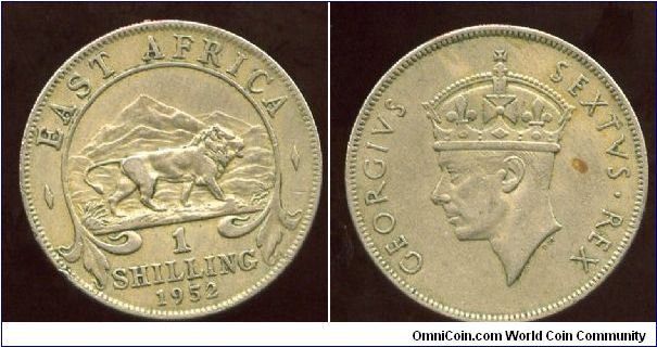 British East Africa
1/- Shilling
1952
Mount Kilimanjaro & prowling lion
King George VI