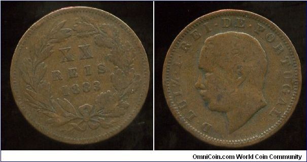 1883
XX Rais
Value & date in wreath
Luiz I (The Popular/Good) 1861-1889