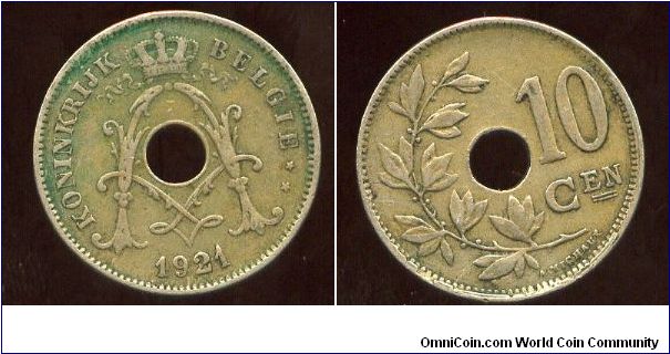 1921 (French inscription)
10 Cents
Crown above date
Branch next to date